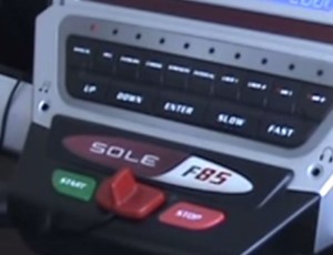 The Sole F85 Treadmill Controls (Start, Stop, Safety Switch).